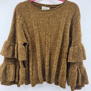 For The Republic Chenille Sweater Brown Cable Knit Tiered Ruffle Bell Sleeve XL